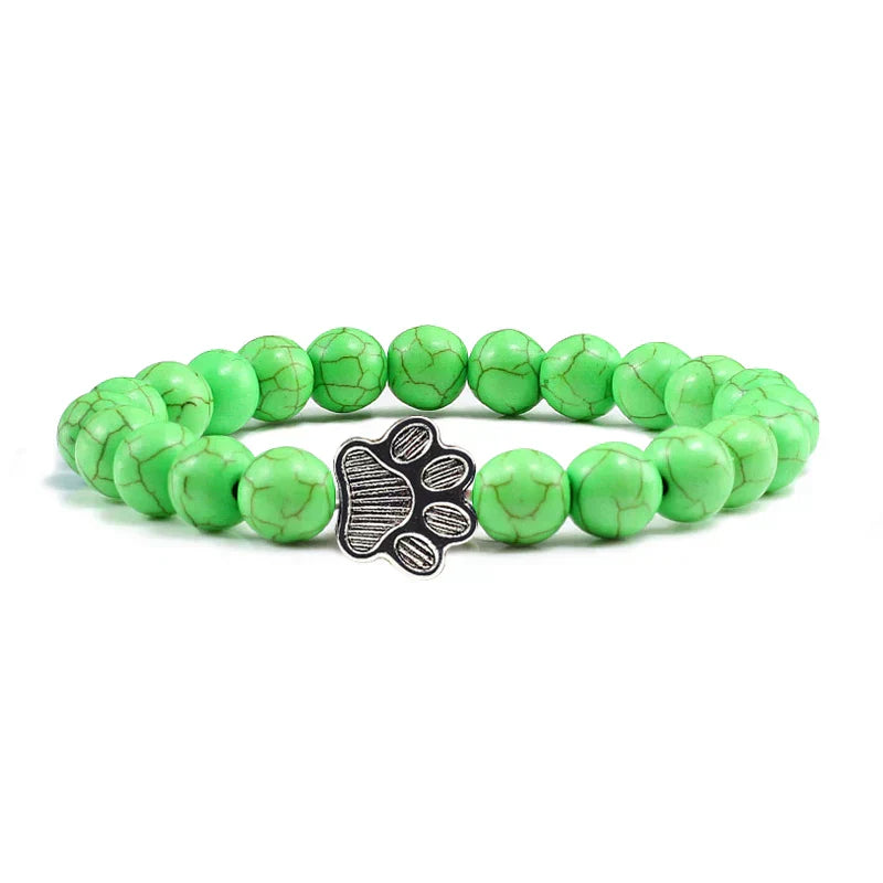 Pulsera de piedra natural con colgante de pata de animal – Pulsera elástica de cuentas para hombres y mujeres