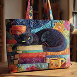 Bolso Artesanal “Gato Negro con Libros y Tazas”